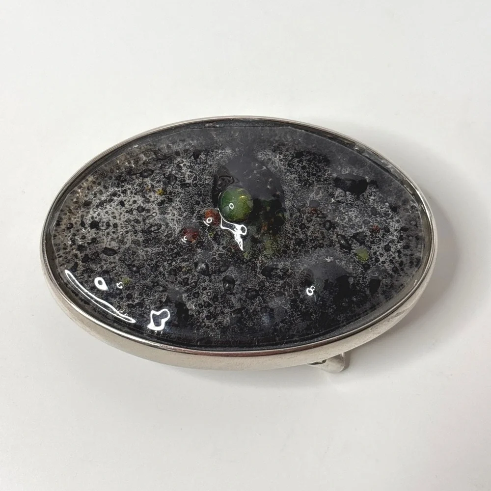 Oval Belt Buckle Resin Black Gray Green Stone Accents Mens Silver Tone Art‎ Boho